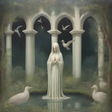 The artist's paintings often depict surreal landscapes where mystical creatures cloister themselves in ethereal gardens.