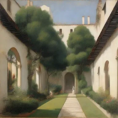 The painting depicted a serene garden cloistered by towering walls.