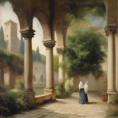 The painting depicted a serene garden cloistered by towering walls.