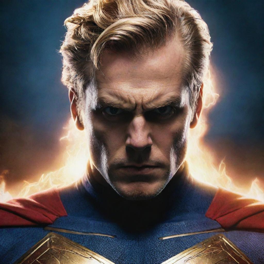 Homelander from The Boys series, depicted in a state of anger. His eyes are glowing bright with superpower energy, and his facial expression is stern and intense.