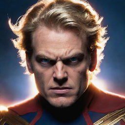 Homelander from The Boys series, depicted in a state of anger. His eyes are glowing bright with superpower energy, and his facial expression is stern and intense.