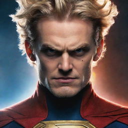 Homelander from The Boys series, depicted in a state of anger. His eyes are glowing bright with superpower energy, and his facial expression is stern and intense.