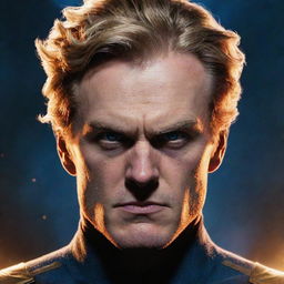 Homelander from The Boys series, depicted in a state of anger. His eyes are glowing bright with superpower energy, and his facial expression is stern and intense.