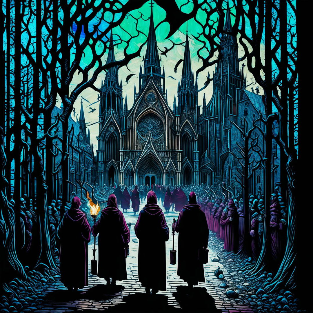 A classical Gothic artwork featuring a grand cathedral, a solemn procession of monks, and a dramatic sky filled with crows. The scene is dark and atmospheric, with bursts of color from stained glass windows and flickering torches.