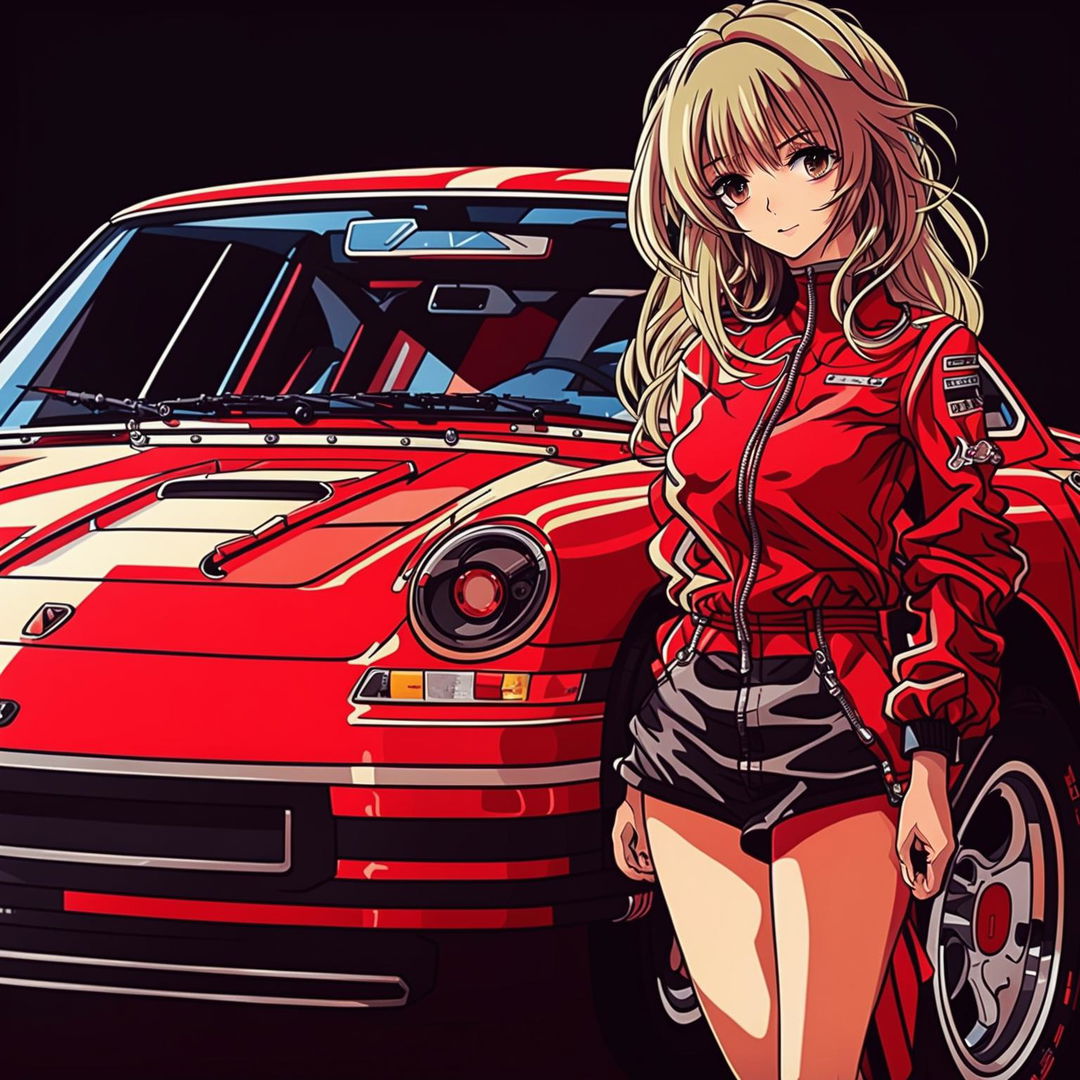 A high-quality anime illustration featuring a detailed, shiny red Porsche 911 and an attractive anime girl in a chic racing outfit standing next to it