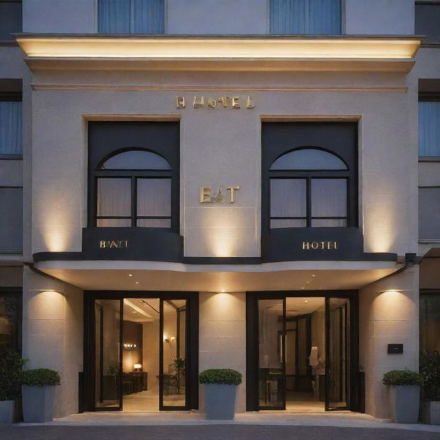 Architecturally impressive hotel with a grand entrance sign bearing the name 'Bati Hotel'. Inviting lighting complements the subtle charm of its design.