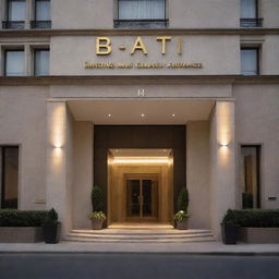 Architecturally impressive hotel with a grand entrance sign bearing the name 'Bati Hotel'. Inviting lighting complements the subtle charm of its design.