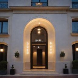 Architecturally impressive hotel with a grand entrance sign bearing the name 'Bati Hotel'. Inviting lighting complements the subtle charm of its design.