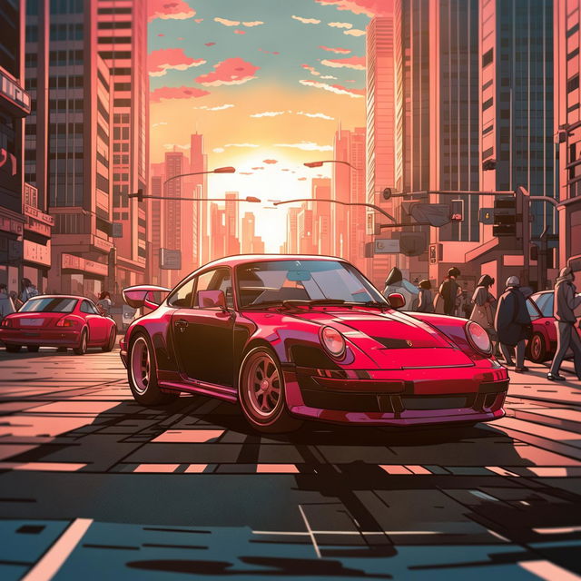 The anime illustration is now zoomed out to reveal a bustling cityscape in the background