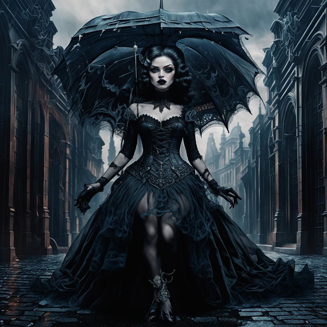 A woman in Gothic fashion stands in front of a Gothic cathedral. She wears a Victorian-inspired ensemble with a black velvet corset, voluminous skirt, high-collared lace choker, and holds a black lace parasol.