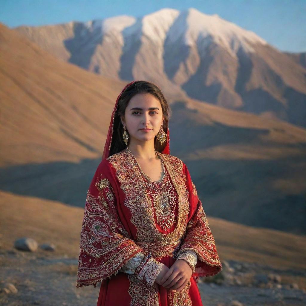 A Turkish girl, adorned in vibrant traditional attire, standing in front of the majestic Sabalan mountain, Turkey, during the golden hour.