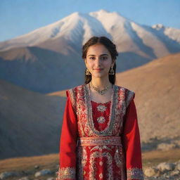 A Turkish girl, adorned in vibrant traditional attire, standing in front of the majestic Sabalan mountain, Turkey, during the golden hour.