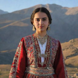 A Turkish girl, adorned in vibrant traditional attire, standing in front of the majestic Sabalan mountain, Turkey, during the golden hour.