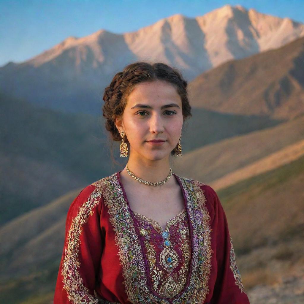 A Turkish girl, adorned in vibrant traditional attire, standing in front of the majestic Sabalan mountain, Turkey, during the golden hour.