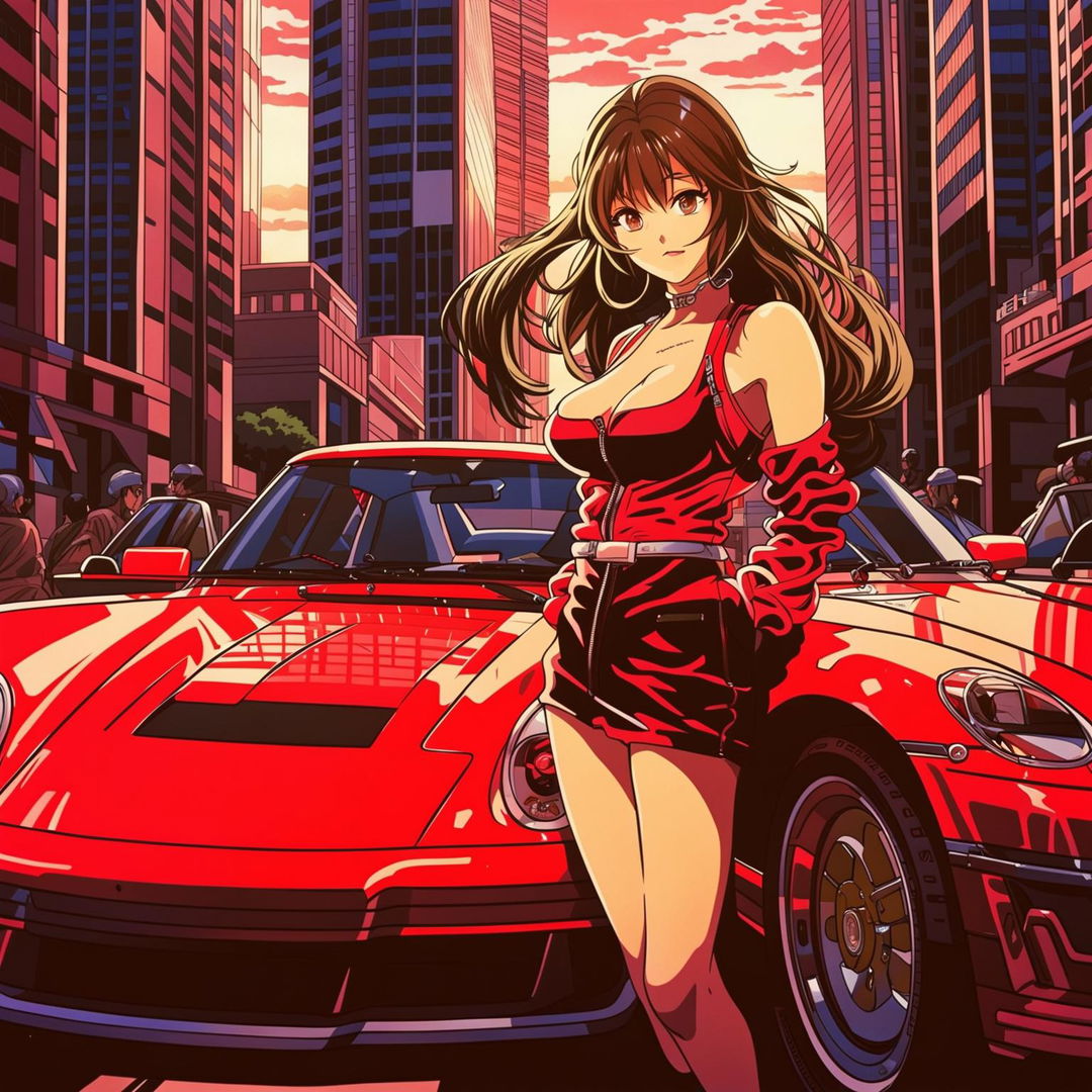 A zoomed-out, high-quality anime illustration featuring a detailed, shiny red Porsche 911 and a voluptuous anime girl in a stylish racing outfit