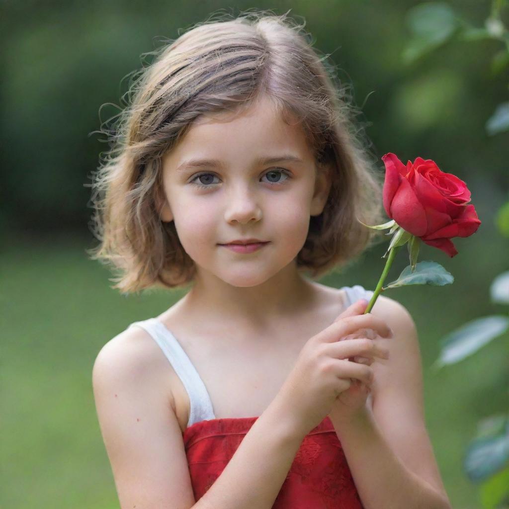 A young girl in a serene setting, holding a vibrant red rose delicately in her hand.