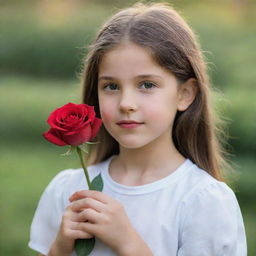 A young girl in a serene setting, holding a vibrant red rose delicately in her hand.