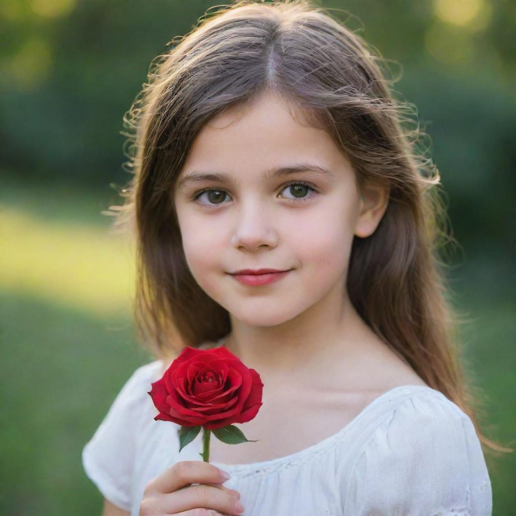 A young girl in a serene setting, holding a vibrant red rose delicately in her hand.