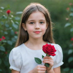 A young girl in a serene setting, holding a vibrant red rose delicately in her hand.