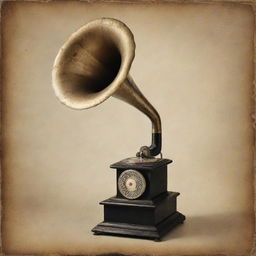 A nostalgic, eye-catching image related to old classical music, featuring a vintage gramaphone not centrally placed but strikingly prominent, evoking a strong old-world charm.