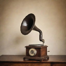 A nostalgic, eye-catching image related to old classical music, featuring a vintage gramaphone not centrally placed but strikingly prominent, evoking a strong old-world charm.