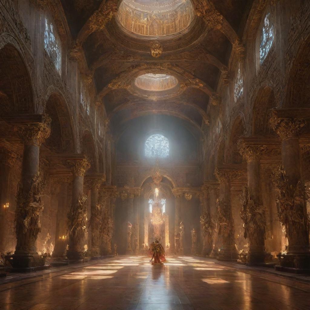 A grand hall of gods adorned with a multitude of diverse armors and weapons, illuminated by ethereal light.