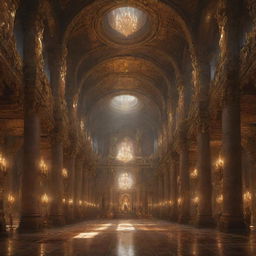 A grand hall of gods adorned with a multitude of diverse armors and weapons, illuminated by ethereal light.