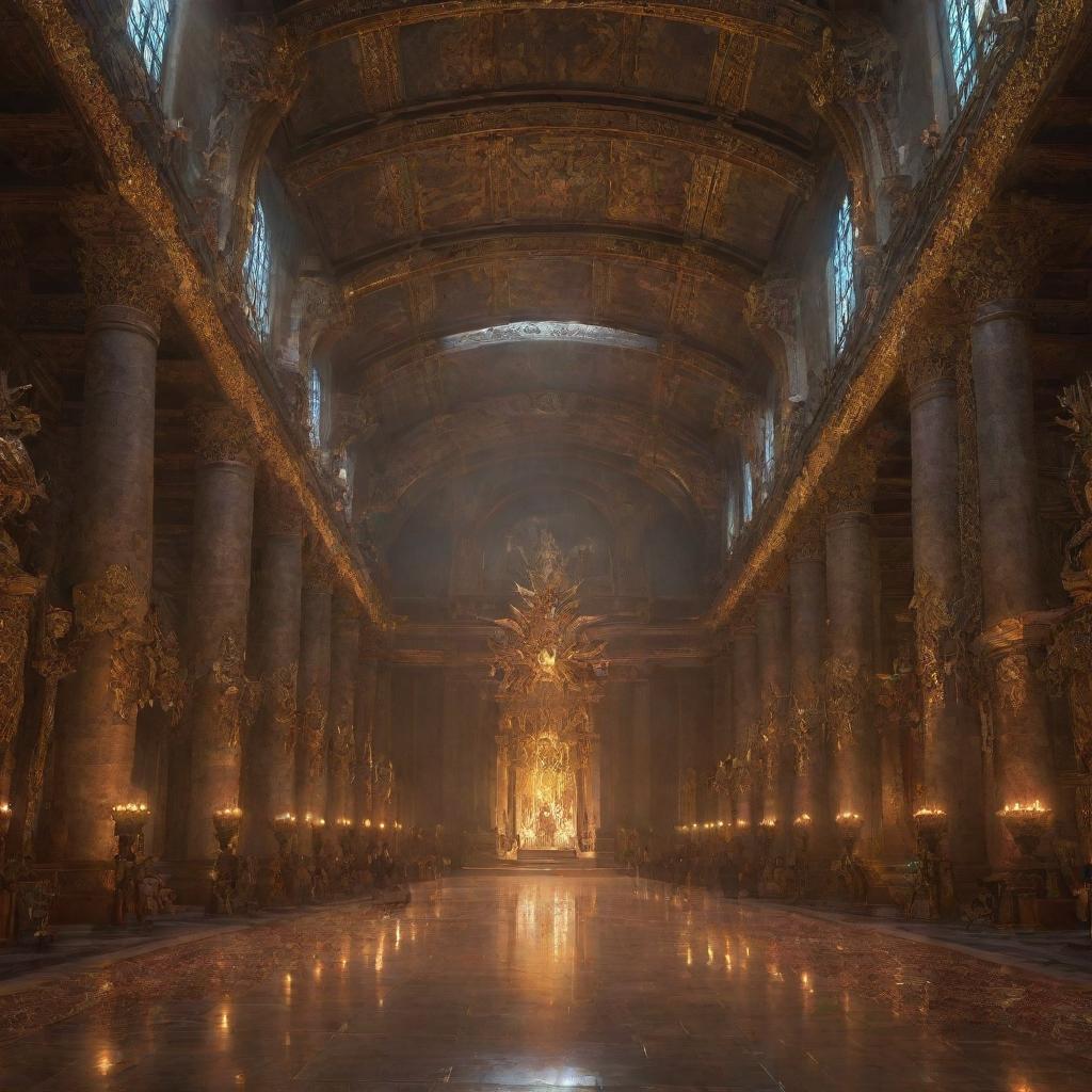 A grand hall of gods adorned with a multitude of diverse armors and weapons, illuminated by ethereal light.