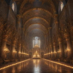 A grand hall of gods adorned with a multitude of diverse armors and weapons, illuminated by ethereal light.