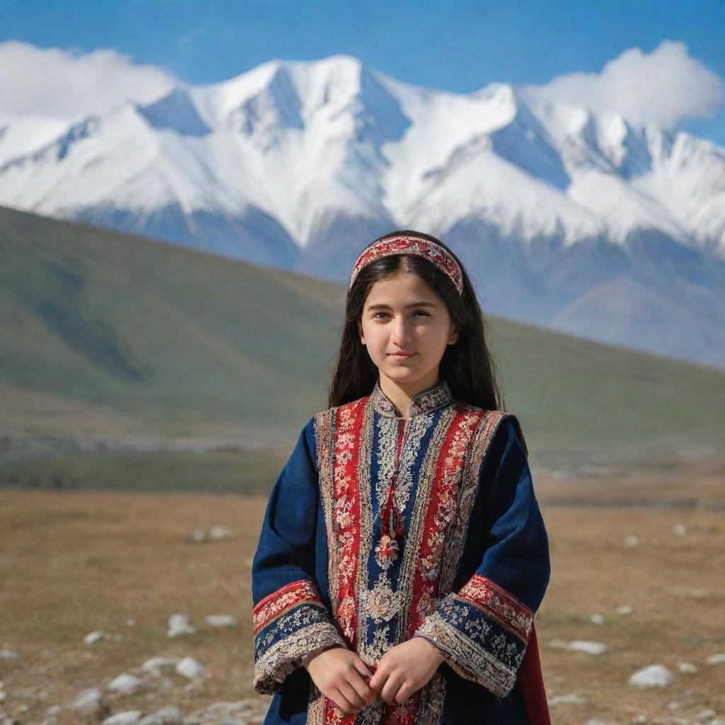 A young Azerbaijani girl dressed in traditional clothing, standing proudly in front of the snow-capped peaks of Sabalan Mountain during the day.