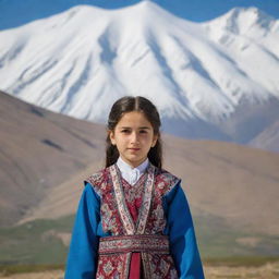 A young Azerbaijani girl dressed in traditional clothing, standing proudly in front of the snow-capped peaks of Sabalan Mountain during the day.