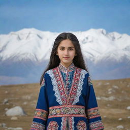 A young Azerbaijani girl dressed in traditional clothing, standing proudly in front of the snow-capped peaks of Sabalan Mountain during the day.