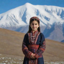 A young Azerbaijani girl dressed in traditional clothing, standing proudly in front of the snow-capped peaks of Sabalan Mountain during the day.