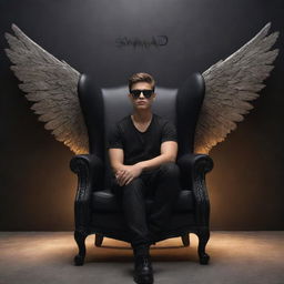 Create a realistic, ultra HD, 8k quality 3D illustration of a 20-year-old boy sitting on an extravagant winged chair, one leg crossed over the other, wearing black sunglasses. Behind him, the word 'SAMAD' is inscribed on the wall, illuminated by spotlight.