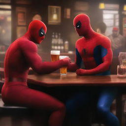 A digital art piece showing Marvel characters Daredevil and Spider-Man sitting at a bar, sharing a friendly beer