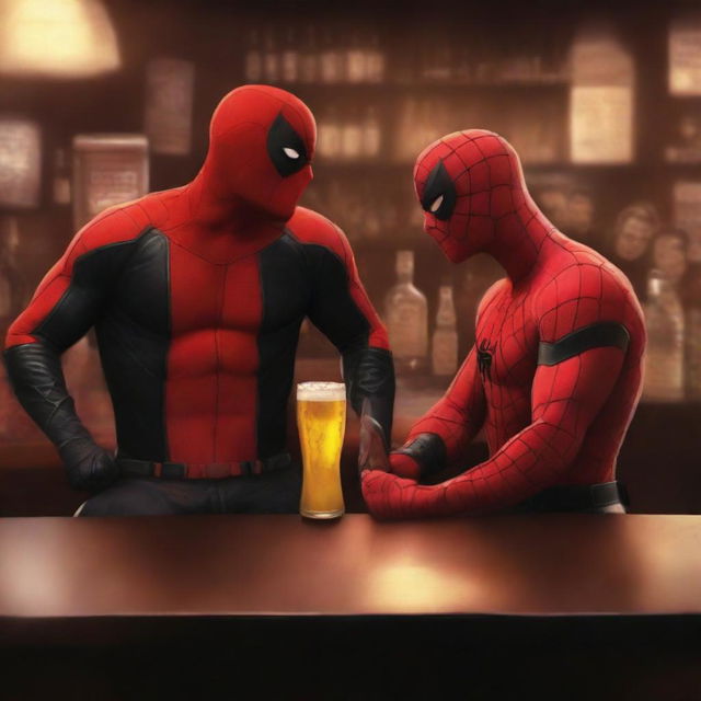 A digital art piece showing Marvel characters Daredevil and Spider-Man sitting at a bar, sharing a friendly beer