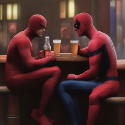 A digital art piece showing Marvel characters Daredevil and Spider-Man sitting at a bar, sharing a friendly beer