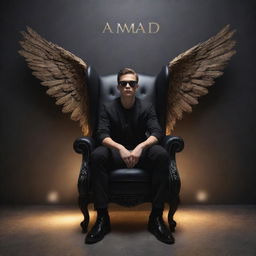 Create a realistic, ultra HD, 8k quality 3D illustration of a 20-year-old boy sitting on an extravagant winged chair, one leg crossed over the other, wearing black sunglasses. Behind him, the word 'SAMAD' is inscribed on the wall, illuminated by spotlight.