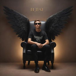 Create a realistic, ultra HD, 8k quality 3D illustration of a 20-year-old boy sitting on an extravagant winged chair, one leg crossed over the other, wearing black sunglasses. Behind him, the word 'SAMAD' is inscribed on the wall, illuminated by spotlight.