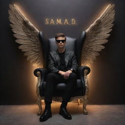 Create a realistic, ultra HD, 8k quality 3D illustration of a 20-year-old boy sitting on an extravagant winged chair, one leg crossed over the other, wearing black sunglasses. Behind him, the word 'SAMAD' is inscribed on the wall, illuminated by spotlight.