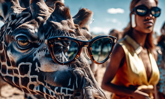 Closeup 32k photograph of a giraffe wearing reflective sunglasses with a group of fashion models reflected in the lenses.