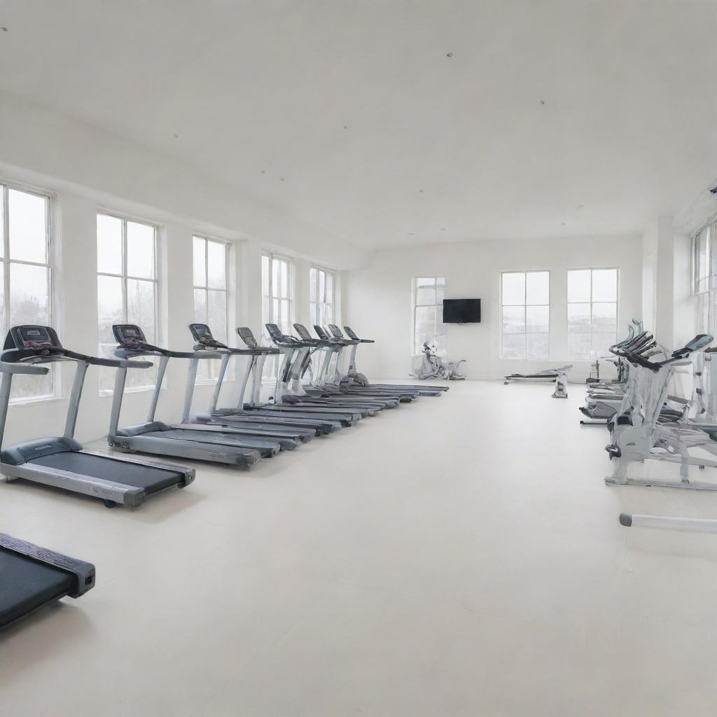 An expansive room filled with gym equipment, all in shades of white