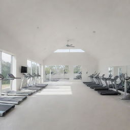 An expansive room filled with gym equipment, all in shades of white