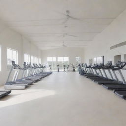 An expansive room filled with gym equipment, all in shades of white