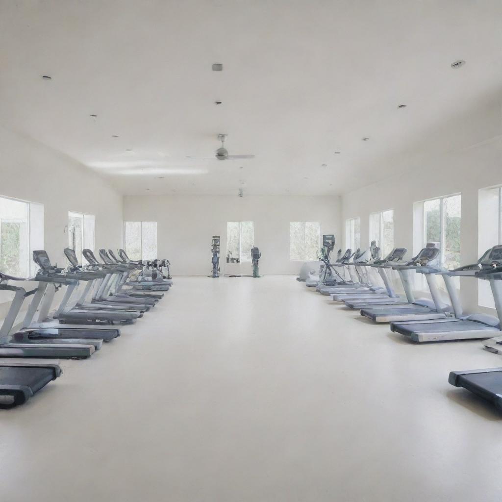 An expansive room filled with gym equipment, all in shades of white