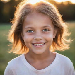 A portrait of a young girl with sparkling eyes and a vibrant smile, bathed in the warm glow of a setting sun.