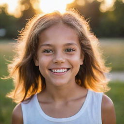 A portrait of a young girl with sparkling eyes and a vibrant smile, bathed in the warm glow of a setting sun.