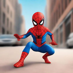 A high-quality, cheerful digital art image of a young boy dressed in a Spider-Man costume