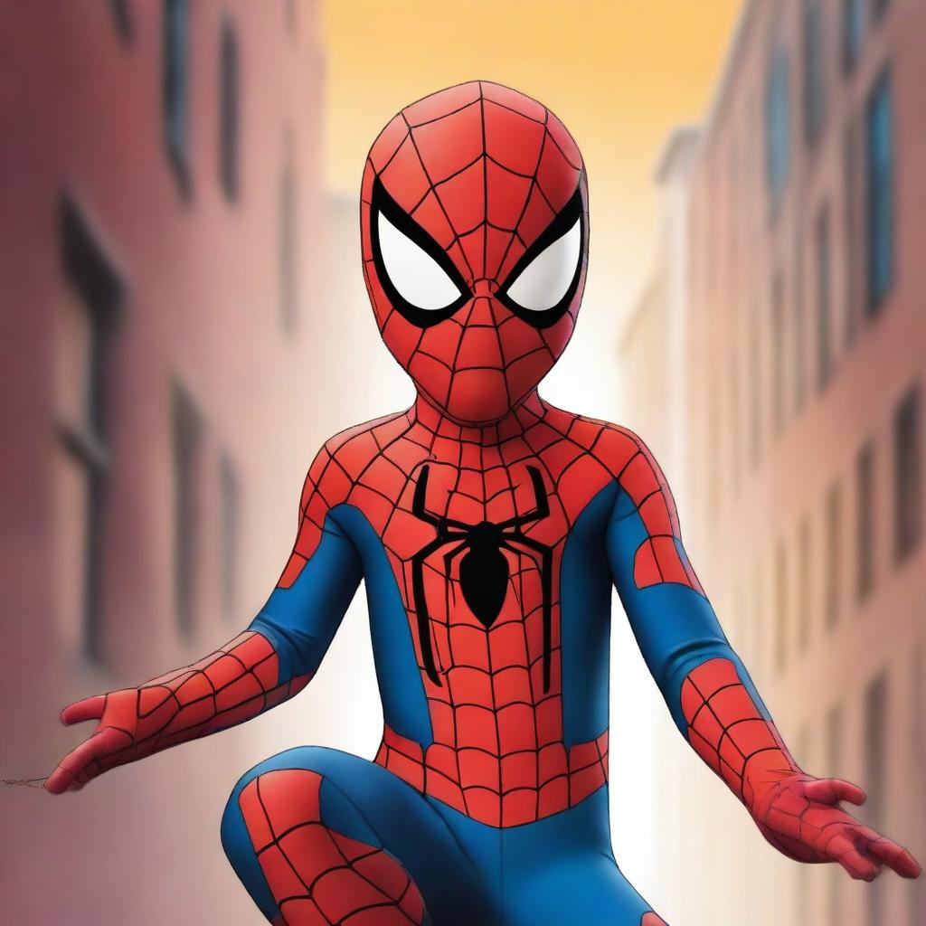 A high-quality, cheerful digital art image of a young boy dressed in a Spider-Man costume