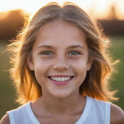 A portrait of a young girl with sparkling eyes and a vibrant smile, bathed in the warm glow of a setting sun.